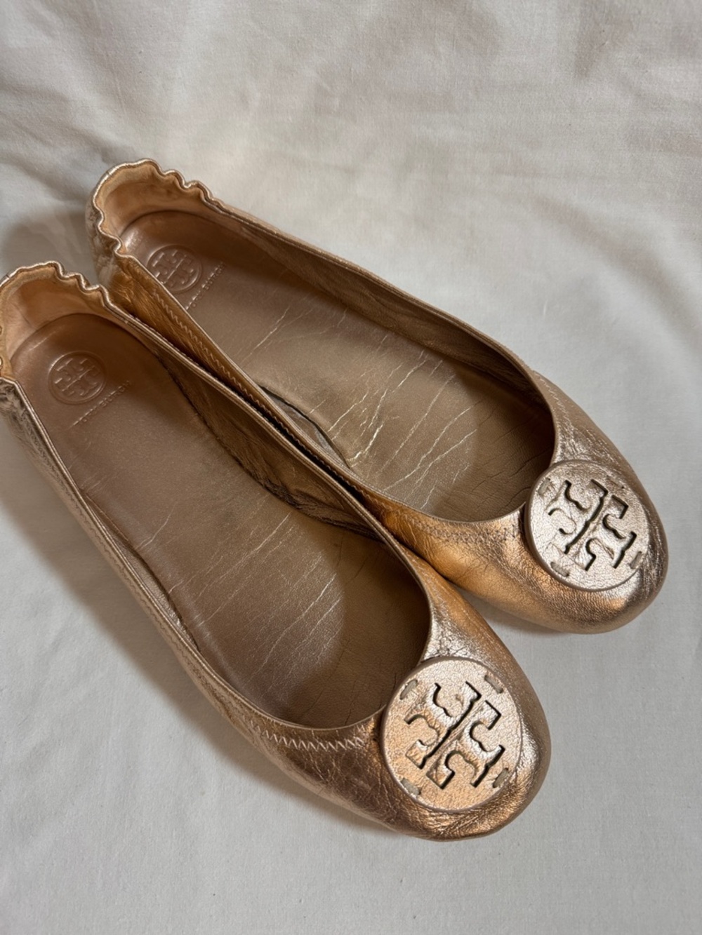 Tory Burch Minnie Travel Metallic Rose Gold Ballet Flats Logo  10.5